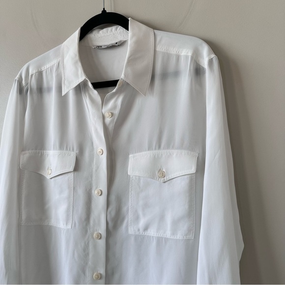 ZARA-CLASSIC White Semi Sheer Button Down (Size:Large) - Picture 5 of 9